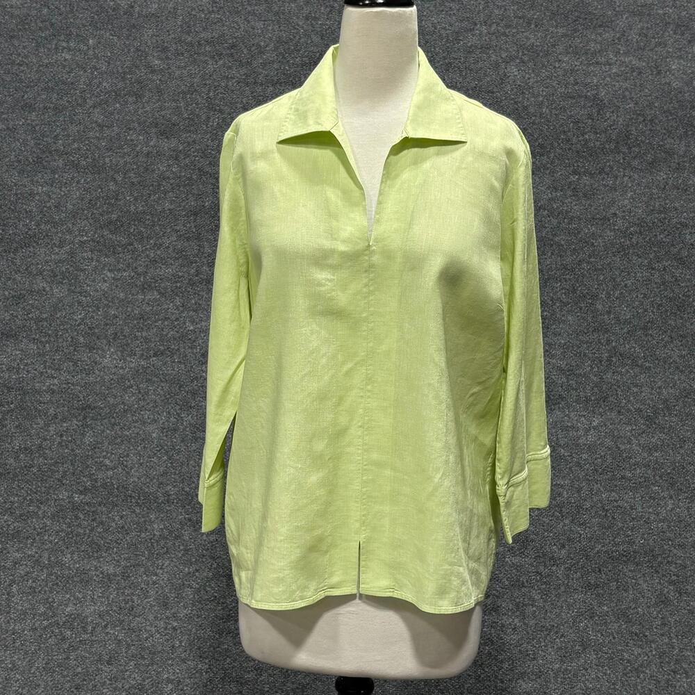 Foxcroft Shirt Womens Medium Green Linen Blend 3/4 Sleeve Tunic Top Pullover